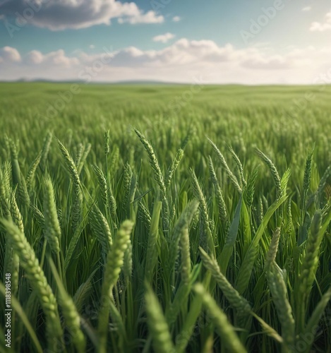 A lush green wheat field with tall swaying stalks of wheat, stretching out as far as the eye can see in a bright spring day , agricultural, farm, scenery photo