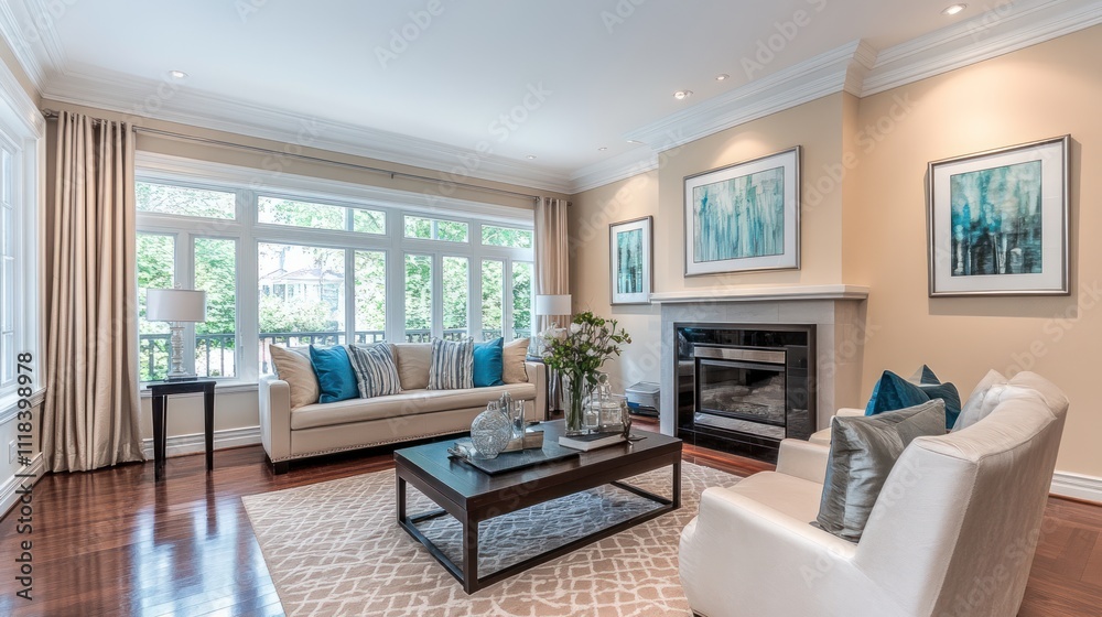 Fototapeta premium Elegant Living Room Interior Design With Modern Fireplace