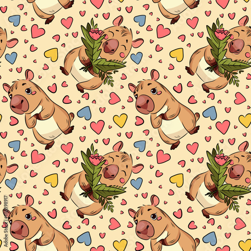 Seamless pattern of capybara, Capybara in love, running, love, Valentine's Day, holiday, for fabric design, packaging, vector