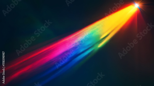 A rainbow colored light shines through a prism on a dark background. Prism. Illustration