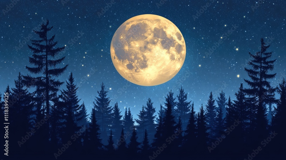Naklejka premium Full Moon Night Illuminates Silhouetted Coniferous Forest