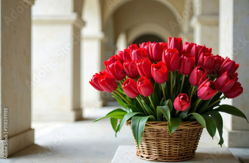 a large bouquet of red tulips in a wicker brown basket, on a blurred background of white columns. A series of bouquets of different colors in a basket and in a vase. photo