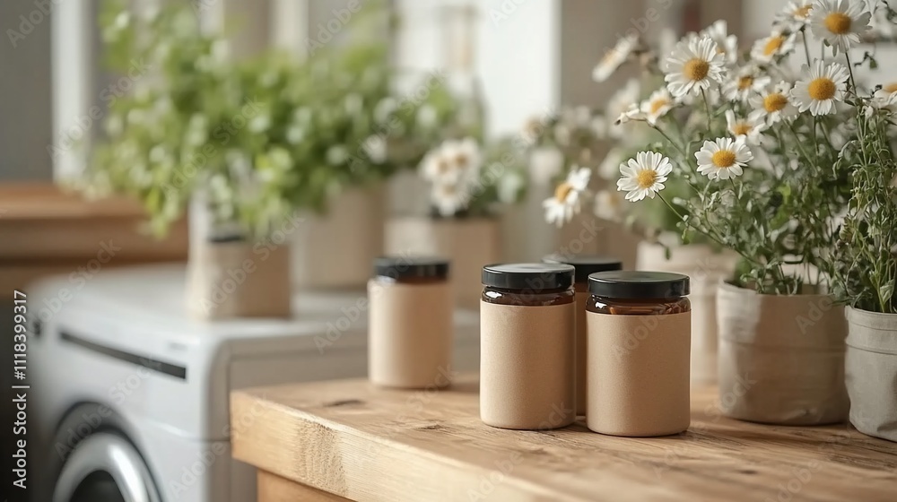 A cozy kitchen scene with jars and fresh flowers on a wooden table. A cozy kitchen scene with jars and fresh flowers on a wooden table.