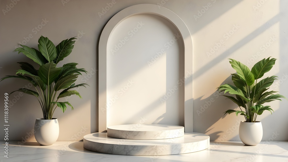 Minimalist Product Display: A pristine white podium bathed in warm sunlight, nestled amidst two lush potted plants. Minimalist Product Display: A pristine white podium bathed in warm sunlight, nestled amidst two lush potted plants.