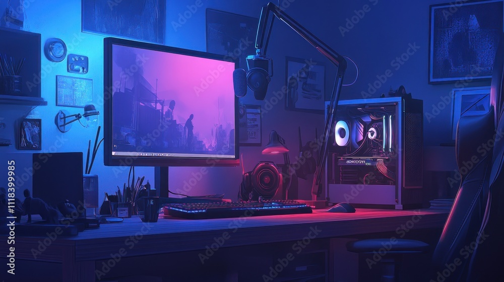Neon-lit gaming setup with PC, monitor, keyboard, and microphone. Neon-lit gaming setup with PC, monitor, keyboard, and microphone.