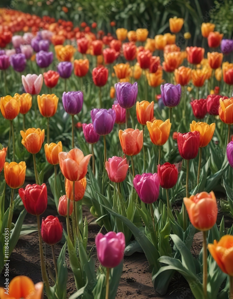 Tall stalks of colorful tulips swaying gently in the breeze, leafy landscape, tall tulips Tall stalks of colorful tulips swaying gently in the breeze, leafy landscape, tall tulips