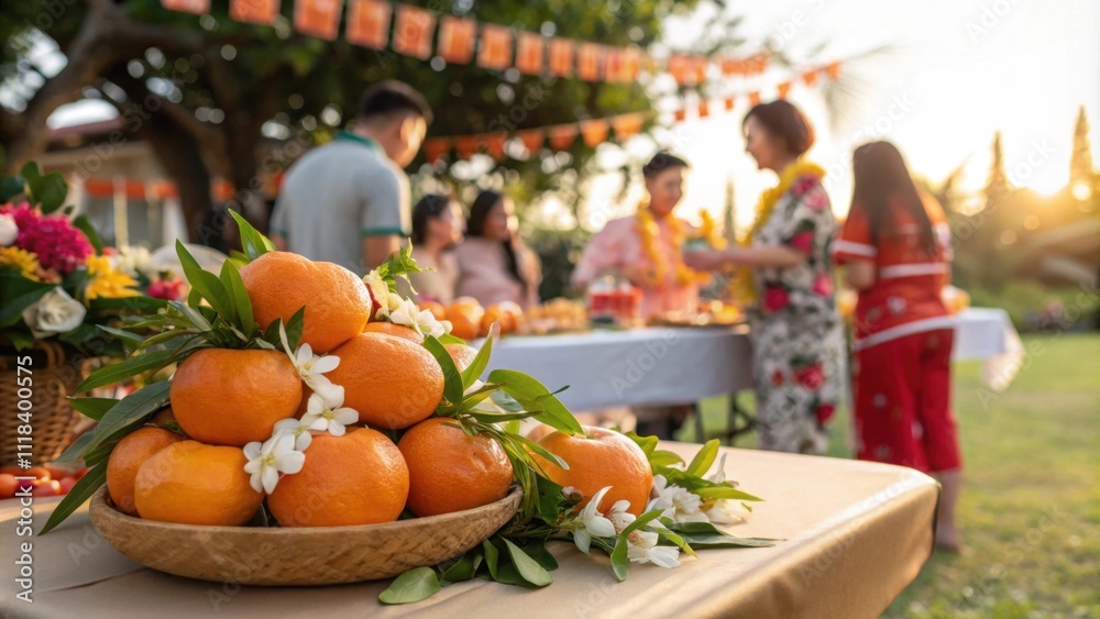 A vibrant outdoor celebration features a table full of mandarin oranges adorned with floral garlands. The oranges lustrous skin shines under the sunlight surrounded by joyful A vibrant outdoor celebration features a table full of mandarin oranges adorned with floral garlands. The oranges lustrous skin shines under the sunlight surrounded by joyful