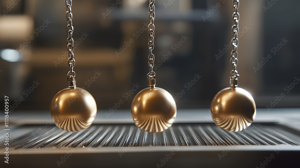 Dynamic newton cradle physics, kinetic science pendulum balance motion, energetic hanging swing ball momentum, swinging spherical mechanical, metallic movement action.