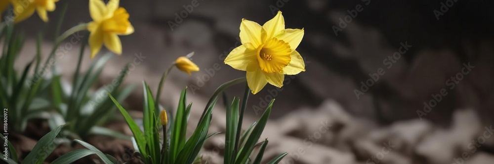 a single bright yellow daffodil with a small butterfly perched on the edge of the flower, floral, stem a single bright yellow daffodil with a small butterfly perched on the edge of the flower, floral, stem