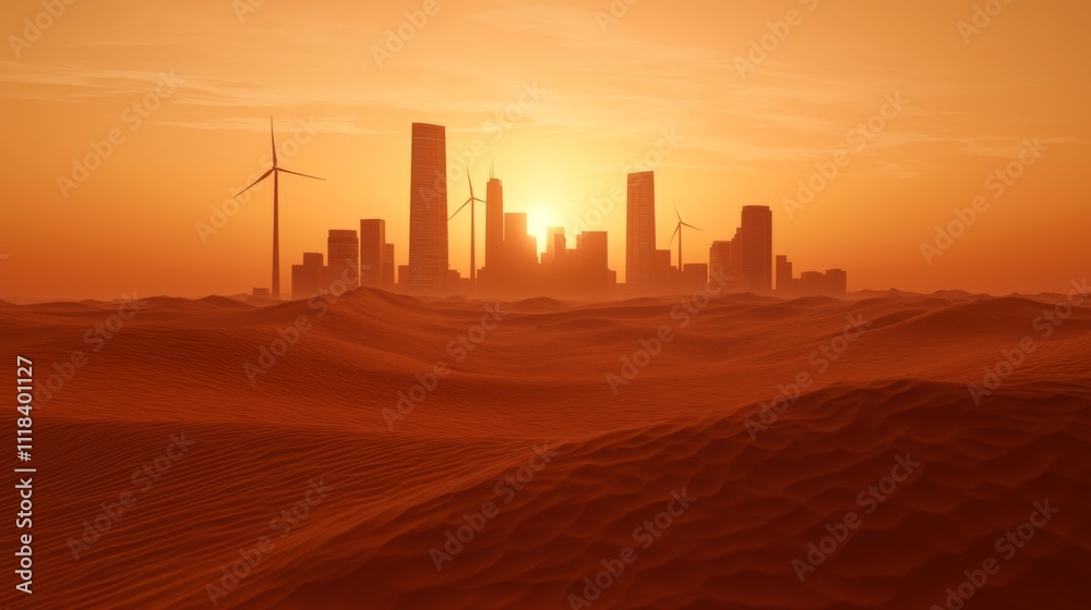 Solar City in the Desert with Wind Turbines Solar City in the Desert with Wind Turbines