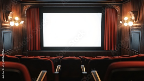 Blank movie screen in a classic cinema room with dark velvet curtains and vintage-style lighting fixtures. photo