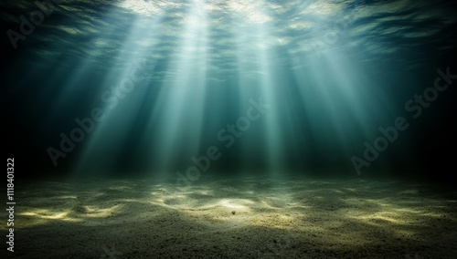 Sunbeams pierce the deep ocean, illuminating the sandy seabed. Mysterious and serene.