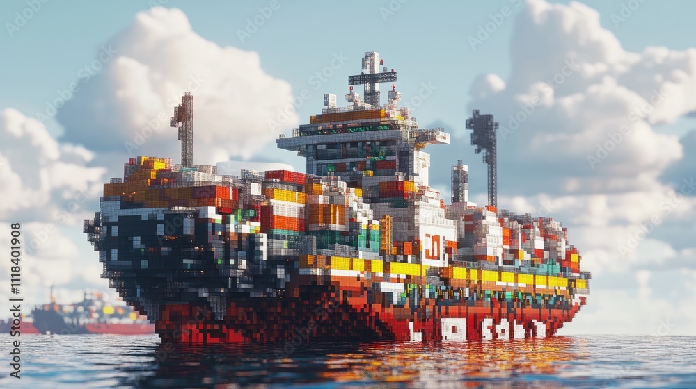 Massive cargo ship made of pixelated blocks, merging digital transformation with traditional shipping Massive cargo ship made of pixelated blocks, merging digital transformation with traditional shipping