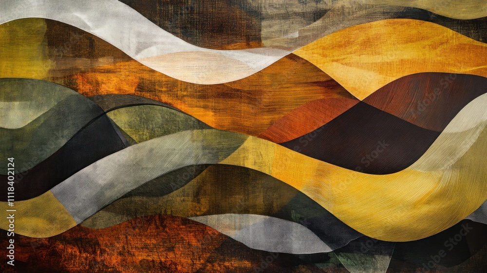 Abstract painting with flowing waves in earthy tones and textured background.