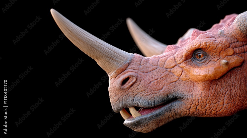 Ancient Predator: Close-up of a formidable Triceratops dinosaur with its iconic horns and toothy grin, against a stark black background. Ancient Predator: Close-up of a formidable Triceratops dinosaur with its iconic horns and toothy grin, against a stark black background.