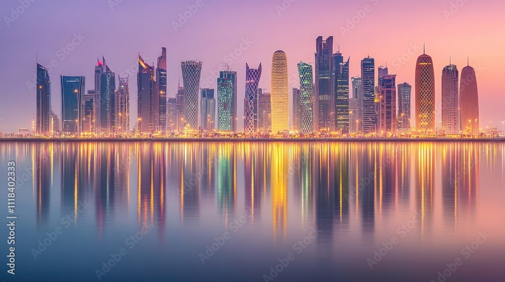 Fototapeta premium Doha Skyline Reflecting In Calm Waters At Sunset
