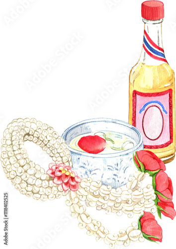 Hand-drawn Scented water and floral garland for water blessing Songkran photo