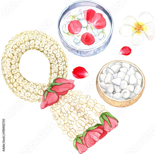 Hand-drawn Floral garland, water bowl, and scented powder for Songkran water blessing photo