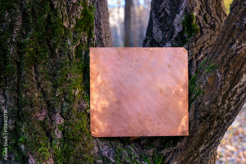 Textured copper plate is on the bark tree covered with moss. The copper contrasts beautifully with the natural tones. Environmental background.