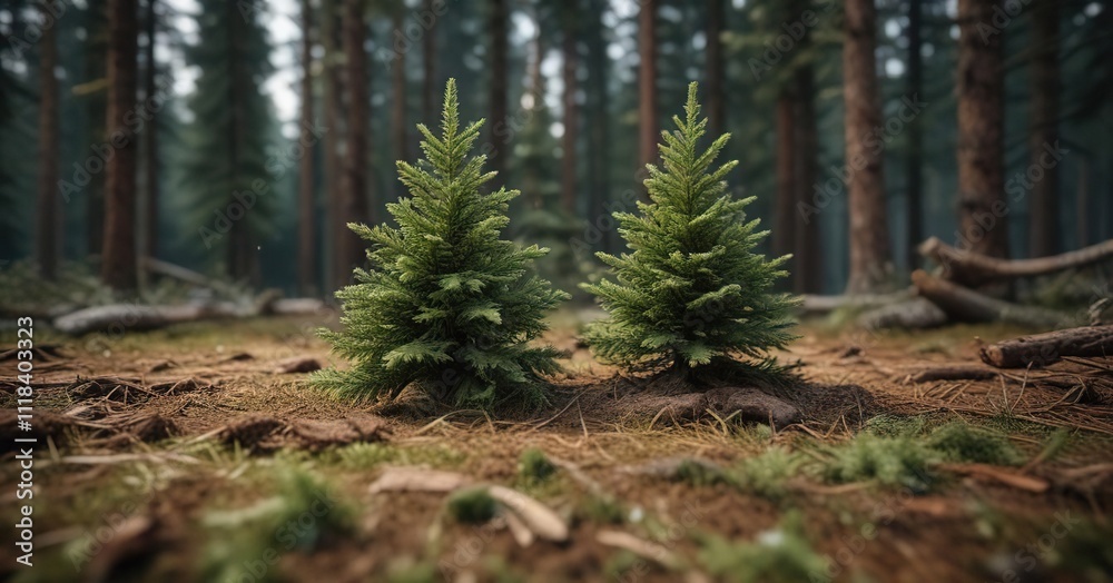Fir Christmas tree with pine needles and forest floor background, Christmas trees, natural Fir Christmas tree with pine needles and forest floor background, Christmas trees, natural