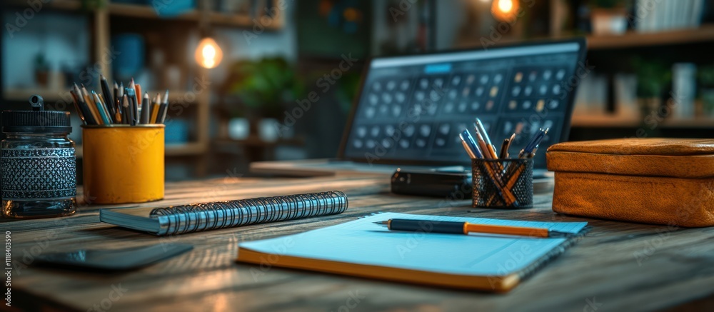 Cozy workspace with laptop, notebooks, pens, and pencils on wooden desk. Cozy workspace with laptop, notebooks, pens, and pencils on wooden desk.