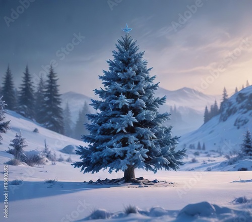 A serene blue Christmas tree in a peaceful winter landscape, frosty mountains, snowy landscape, frosty forest