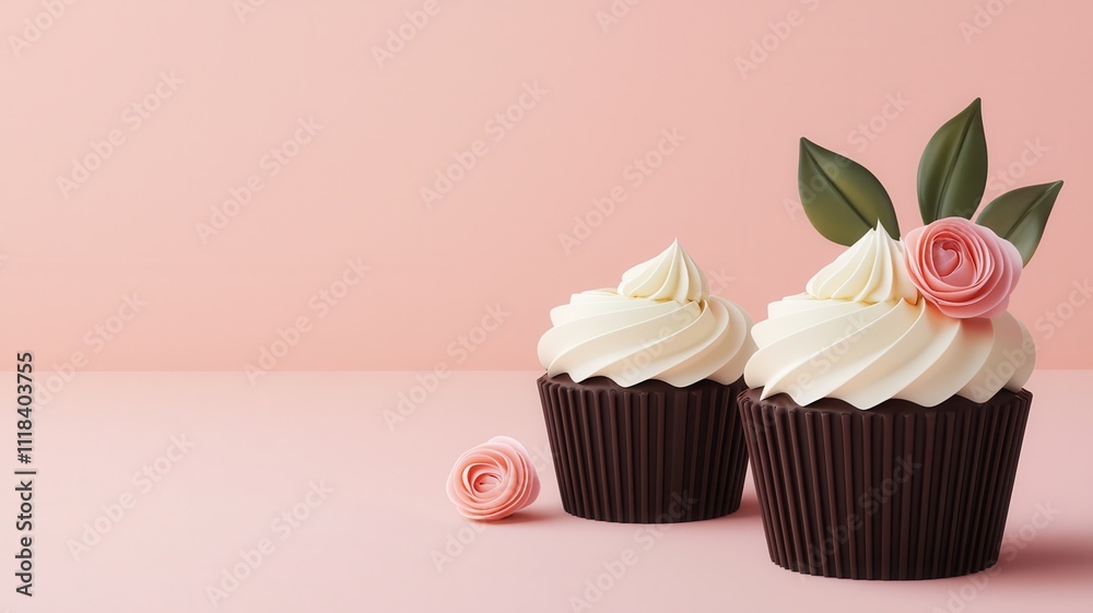 Valentine chocolate buttercream idea. Delicious chocolate cupcakes with floral decorations on a pastel background. Valentine chocolate buttercream idea. Delicious chocolate cupcakes with floral decorations on a pastel background.