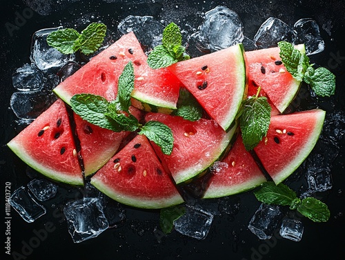 Fresh watermelon slices arranged with mint leaves and ice, creating a vibrant and refreshing summer treat. photo