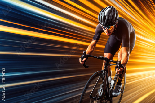 Cyclist accelerates through a blazing trail of light
