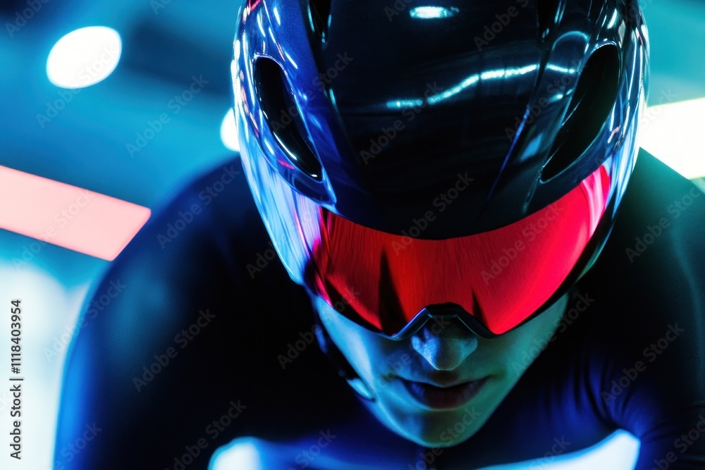 Focused cyclist with futuristic helmet and glasses Focused cyclist with futuristic helmet and glasses