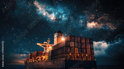 Nighttime view of a container ship under a galaxy of stars, highlighting cosmic-scale connectivity  photo