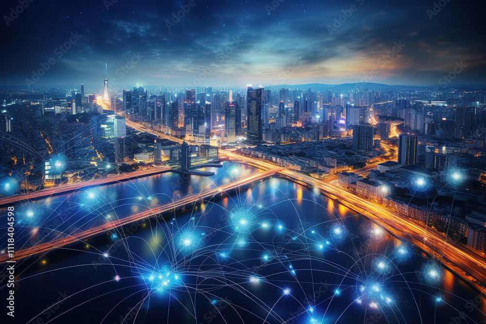 Fototapeta premium Wonderful Modern City Wireless Network Connection Scene