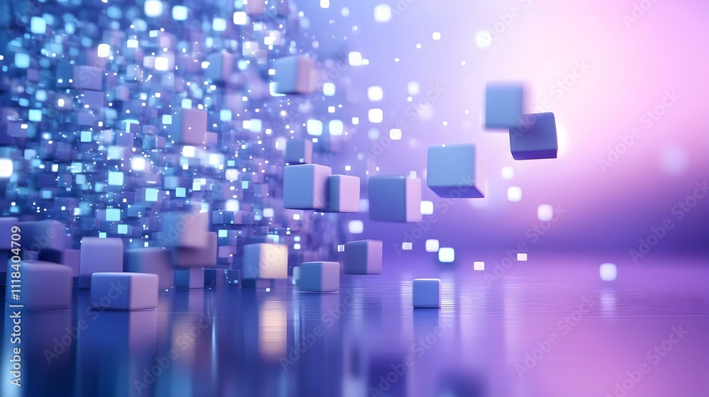 Abstract 3D render of glowing cubes floating in purple and blue space. Ideal for tech, data, or futuristic concepts. Abstract 3D render of glowing cubes floating in purple and blue space. Ideal for tech, data, or futuristic concepts.