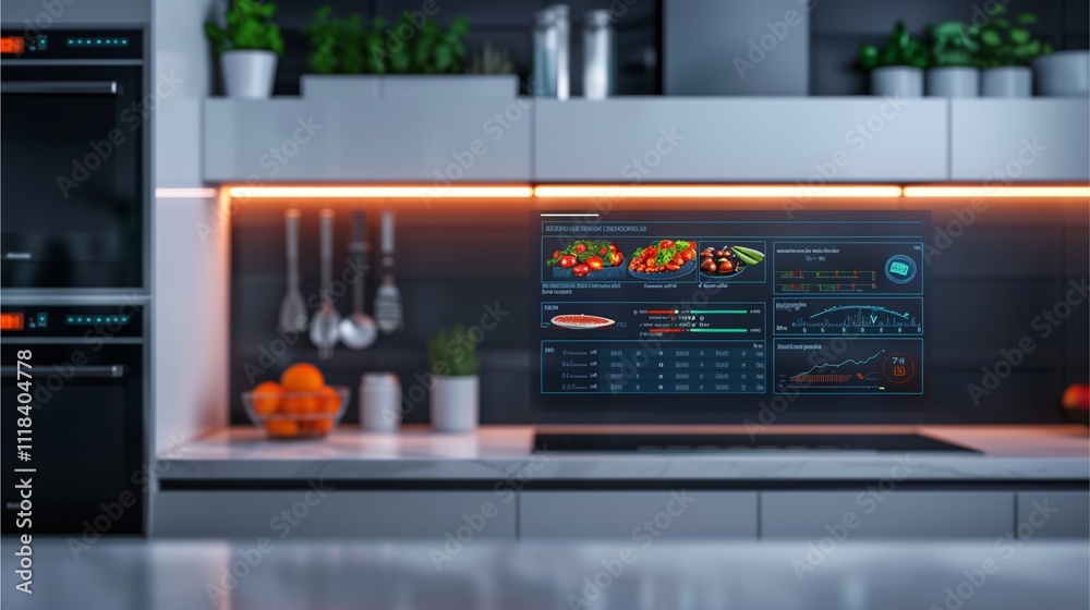 Smart Kitchen Technology: A modern kitchen with a sleek, futuristic display showcasing fresh produce. The image conveys the seamless integration of technology into the culinary world. Smart Kitchen Technology: A modern kitchen with a sleek, futuristic display showcasing fresh produce. The image conveys the seamless integration of technology into the culinary world.