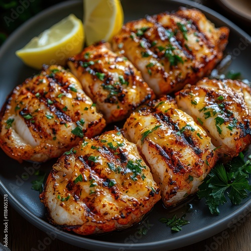 A plate of grilled lobster tails with garlic butter drizzle, garnished with fresh parsley and lemon wedges photo