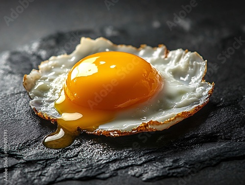 A beautifully cooked fried egg with a golden yolk, resting on a dark slate surface, showcasing its glossy texture and inviting appearance.