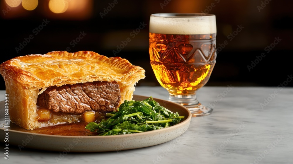 Savory beef pie with green salad and craft beer cozy restaurant food warm atmosphere close-up shot for food lovers Savory beef pie with green salad and craft beer cozy restaurant food warm atmosphere close-up shot for food lovers