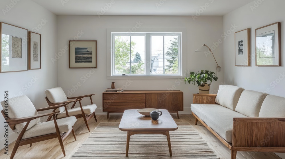 Fototapeta premium Modern Living Room With Wooden Furniture And Artwork