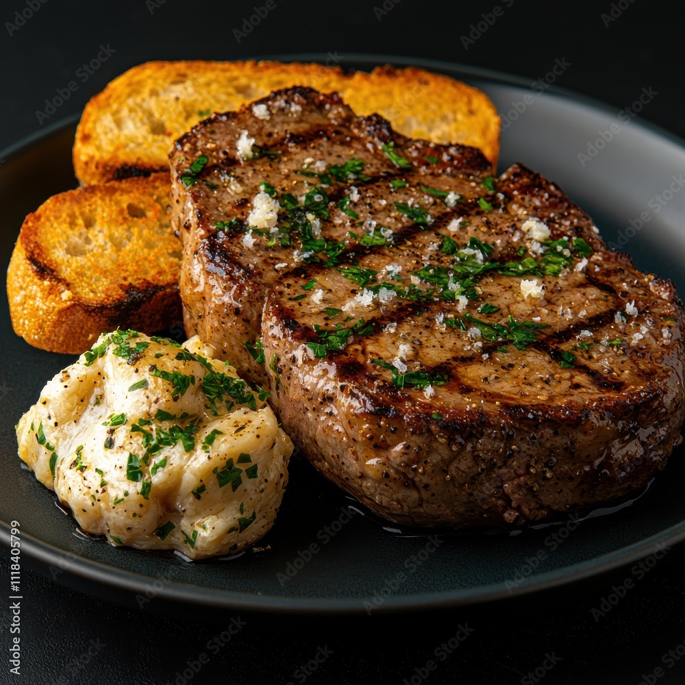 Grilled steak with garlic mashed potatoes and toast gourmet kitchen food dark background culinary art