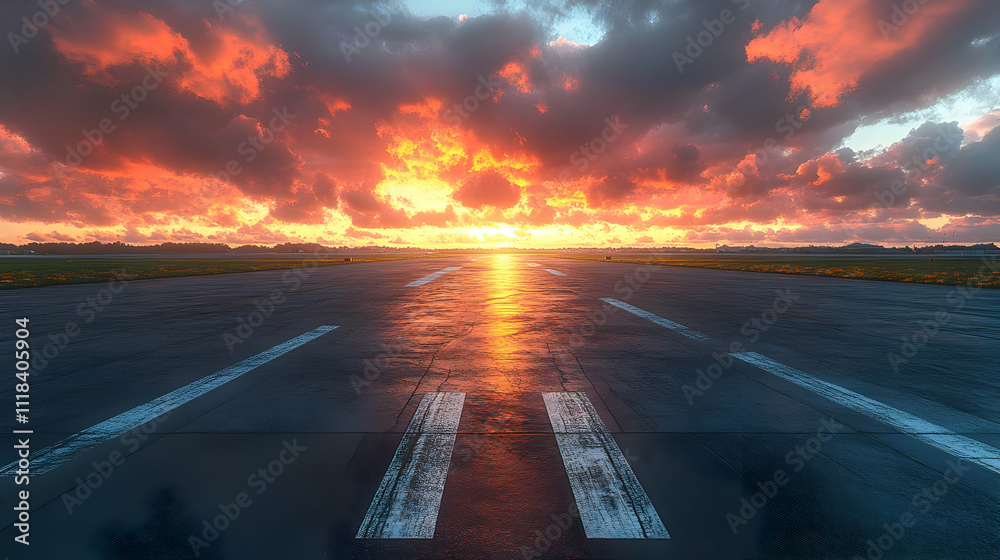 Fototapeta premium Runway at Sunset with Dramatic Sky - Realistic Image