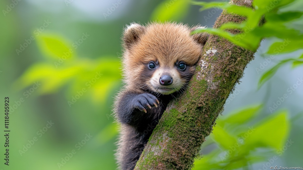 Red Panda Cub in Tree: A precious red panda cub clings to a tree branch, its big, curious eyes gazing out at the world. The soft fur, delicate features. Red Panda Cub in Tree: A precious red panda cub clings to a tree branch, its big, curious eyes gazing out at the world. The soft fur, delicate features.