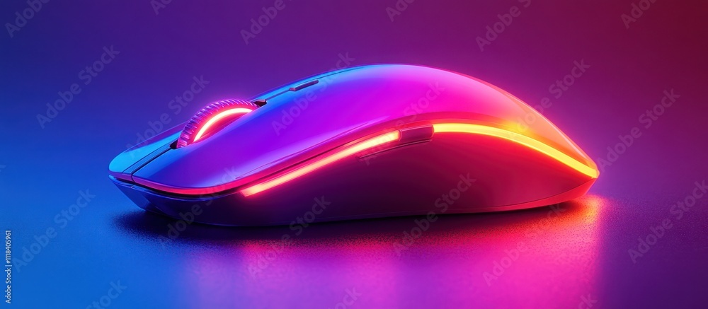 Illuminated wireless computer mouse on a reflective surface. Illuminated wireless computer mouse on a reflective surface.