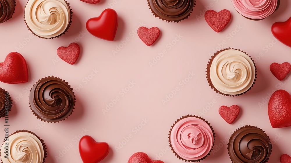 Valentine chocolate buttercream idea. Delicious chocolate cupcakes decorated with hearts on a pink background. Valentine chocolate buttercream idea. Delicious chocolate cupcakes decorated with hearts on a pink background.
