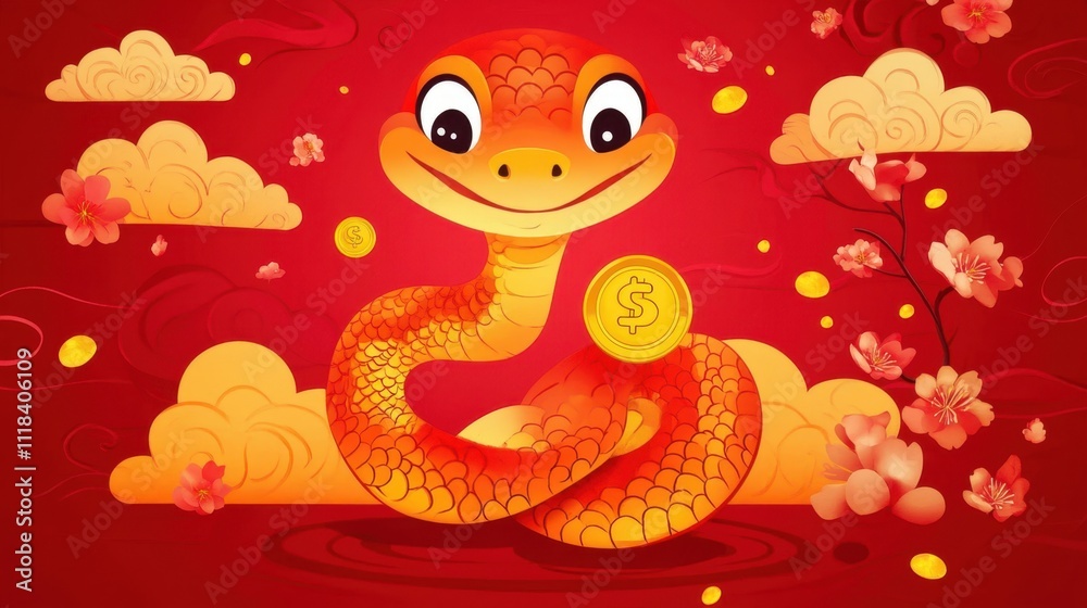 Cartoon snake holding a golden coin, set against a vibrant red background with swirling clouds and plum blossoms. Cartoon snake holding a golden coin, set against a vibrant red background with swirling clouds and plum blossoms.