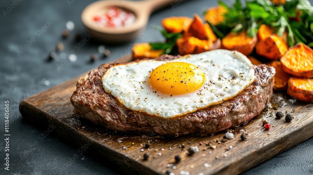 Sizzling steak with fried egg and sweet potatoes gourmet kitchen food rustic setting close-up culinary delight Sizzling steak with fried egg and sweet potatoes gourmet kitchen food rustic setting close-up culinary delight