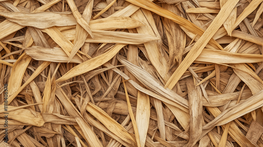Natural dried wood shavings and straw texture with organic fibrous details in warm earthy tones Natural dried wood shavings and straw texture with organic fibrous details in warm earthy tones