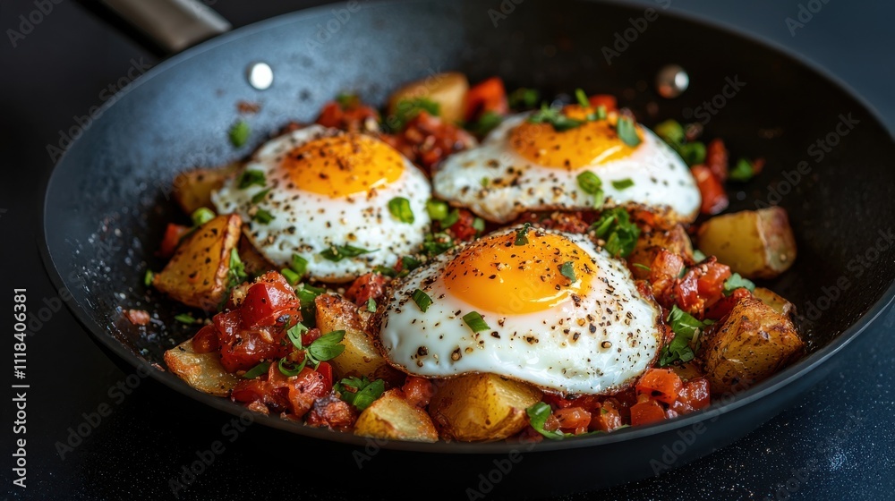 Delicious breakfast skillet with eggs potatoes and vegetables kitchen food cozy culinary art Delicious breakfast skillet with eggs potatoes and vegetables kitchen food cozy culinary art