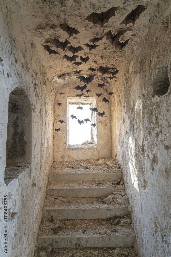 Obraz premium Bats navigate the decaying staircase of a once-vibrant skyscraper filled with shadows