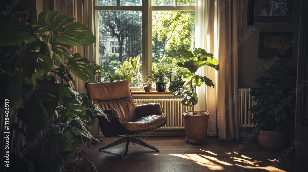 Leather Chair Plants Sunlight Window Room Decor Leather Chair Plants Sunlight Window Room Decor