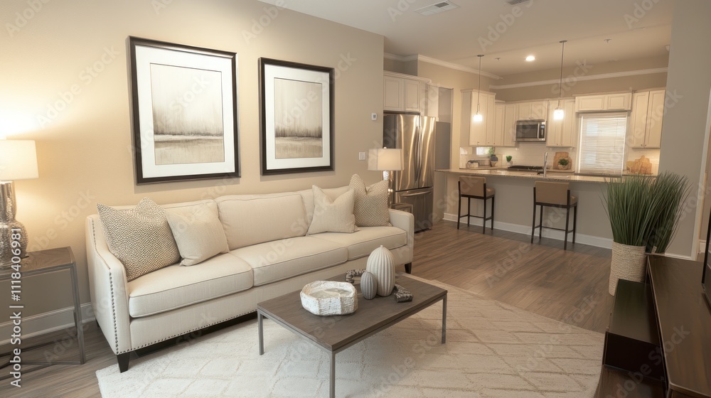 Fototapeta premium Modern Apartment Living Room with Open Kitchen Design